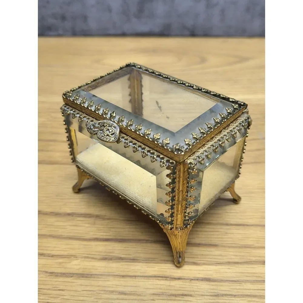 Vtg Beveled Stylebuilt Gold Trinket Ring Jewelry Box 24K Gold-plated Gold Velvet